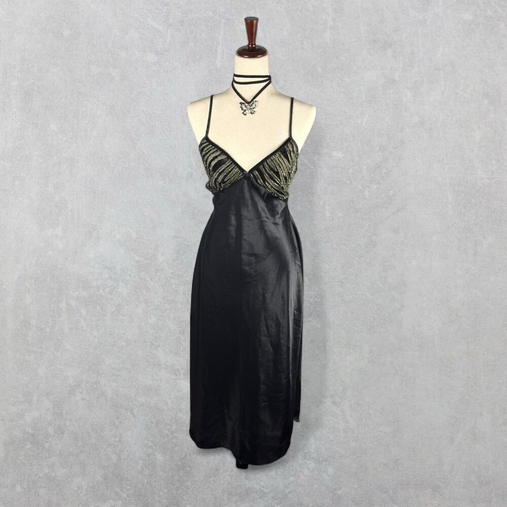 Vintage 90s Romantic Moods Lingerie Black Tie Back Satin Slip Dress